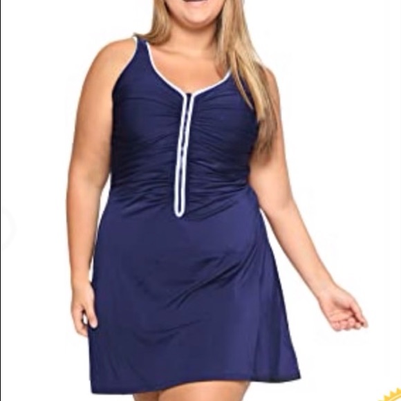 DELIMIRA Women's Plus Size  Swimsuit Zip Front Skirted Bathing Suits Swimdress - Picture 4 of 7